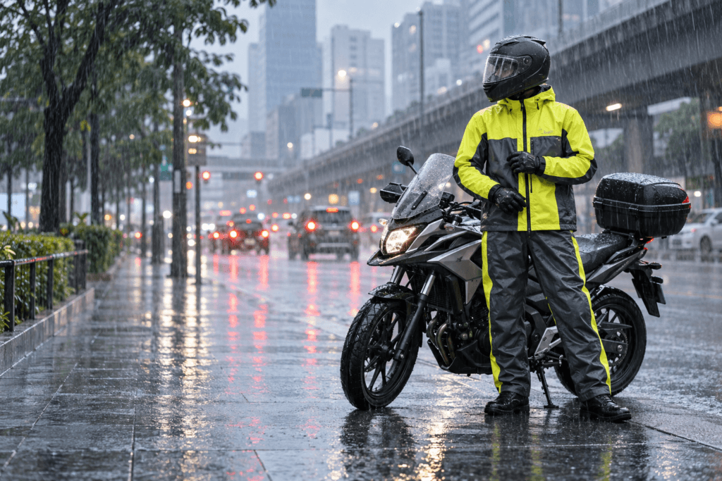 Commuter wearing high-visibility motorcycle rain gear beside a motorcycle in heavy rain